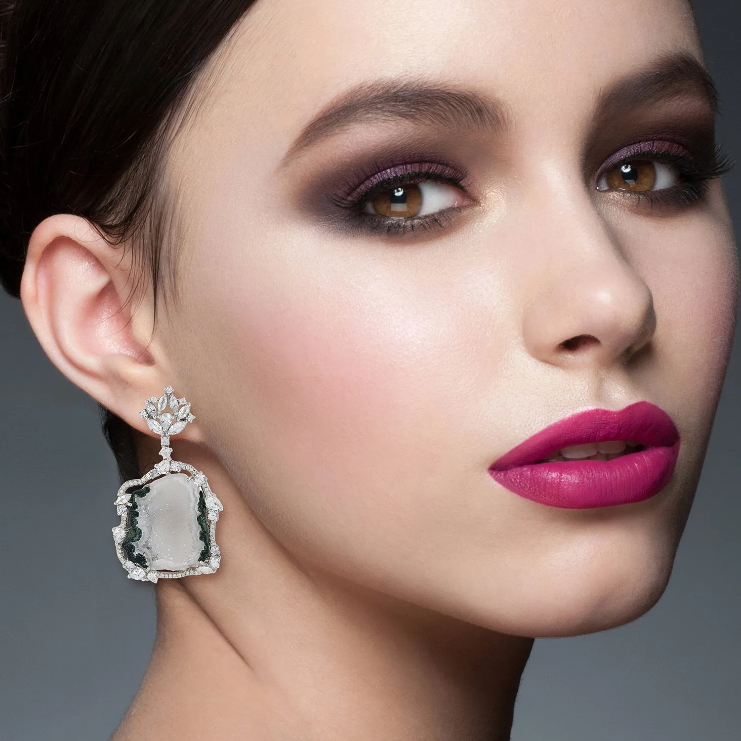 Unshaped Geode Pave Diamond White Sapphire Elegant Earrings In 18K White Gold