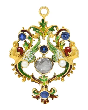 Victorian Renaissance Revival 3.30 CTW Sapphire Diamond Enamel 14 Karat Gold Antique Harpy Pendant