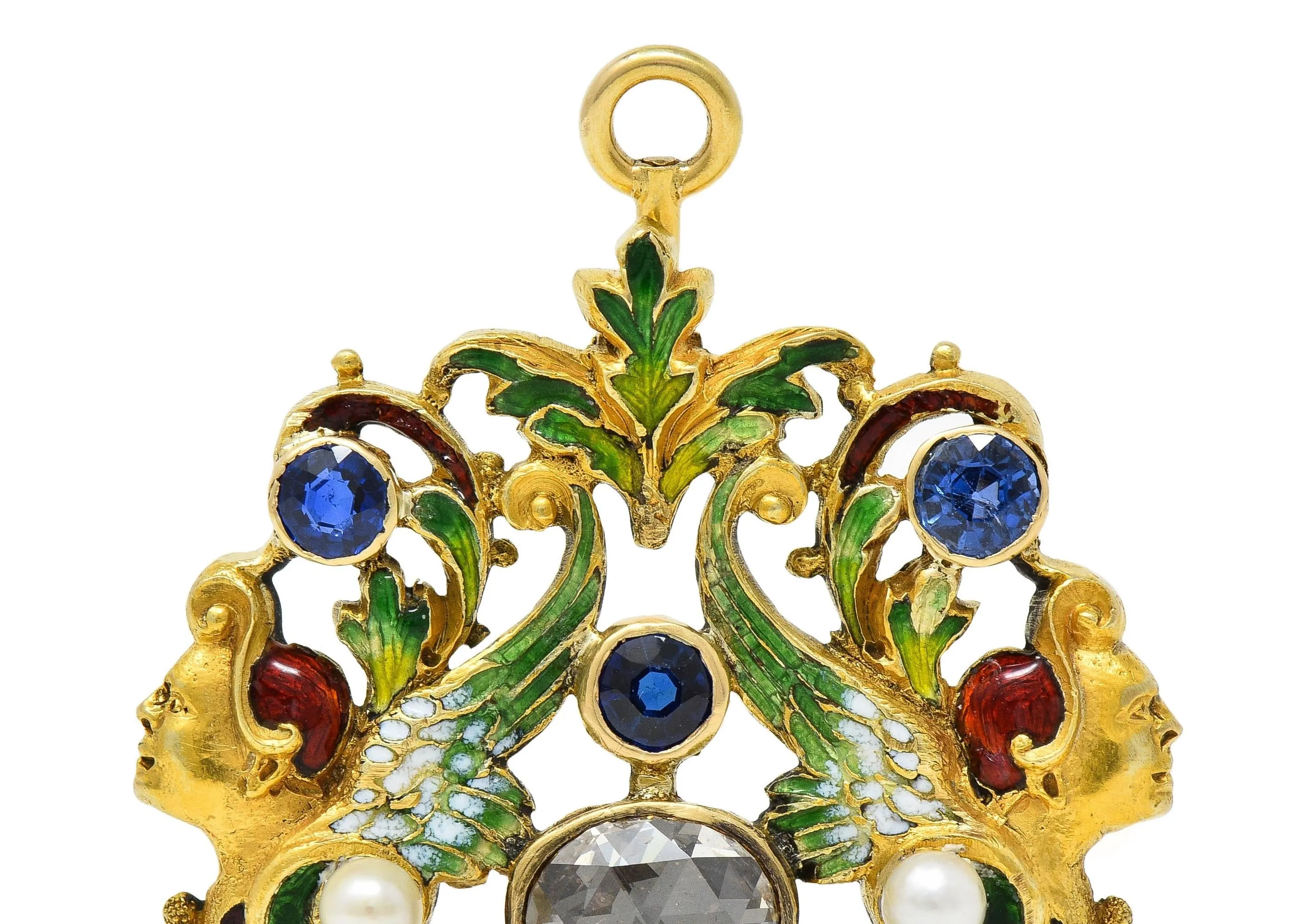 Victorian Renaissance Revival 3.30 CTW Sapphire Diamond Enamel 14 Karat Gold Antique Harpy Pendant