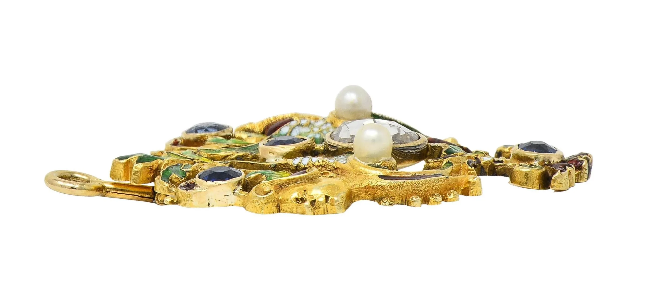 Victorian Renaissance Revival 3.30 CTW Sapphire Diamond Enamel 14 Karat Gold Antique Harpy Pendant