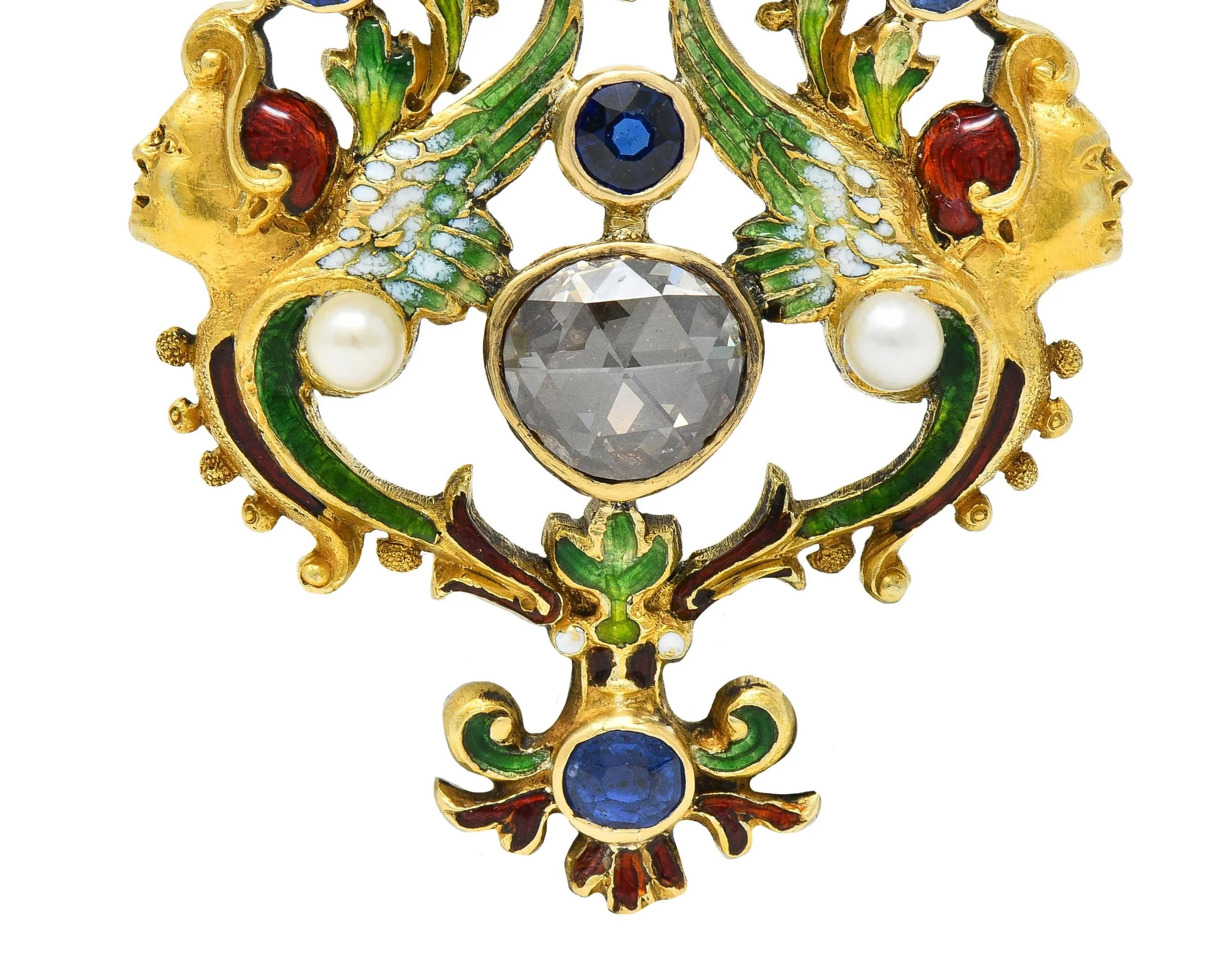Victorian Renaissance Revival 3.30 CTW Sapphire Diamond Enamel 14 Karat Gold Antique Harpy Pendant