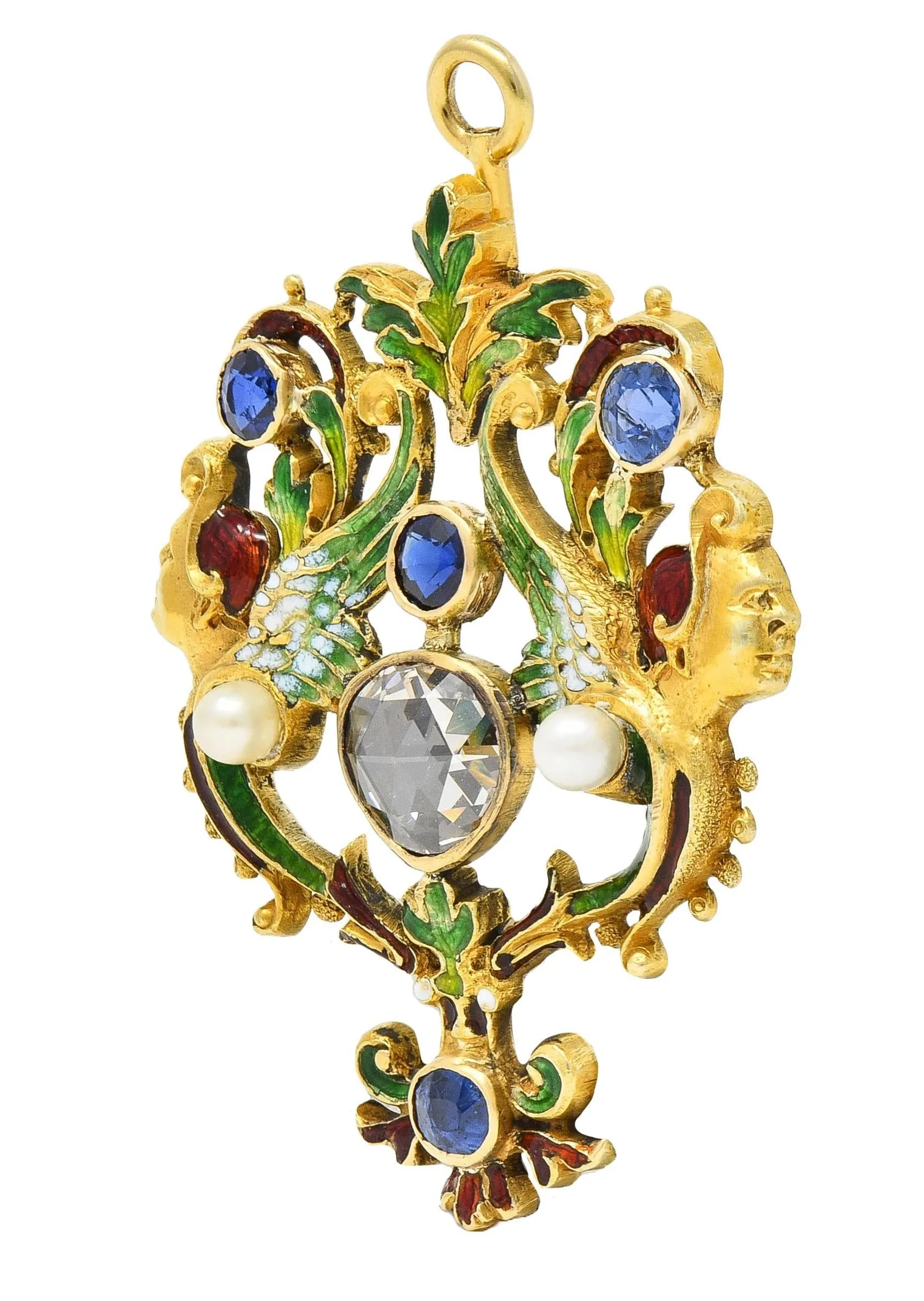 Victorian Renaissance Revival 3.30 CTW Sapphire Diamond Enamel 14 Karat Gold Antique Harpy Pendant