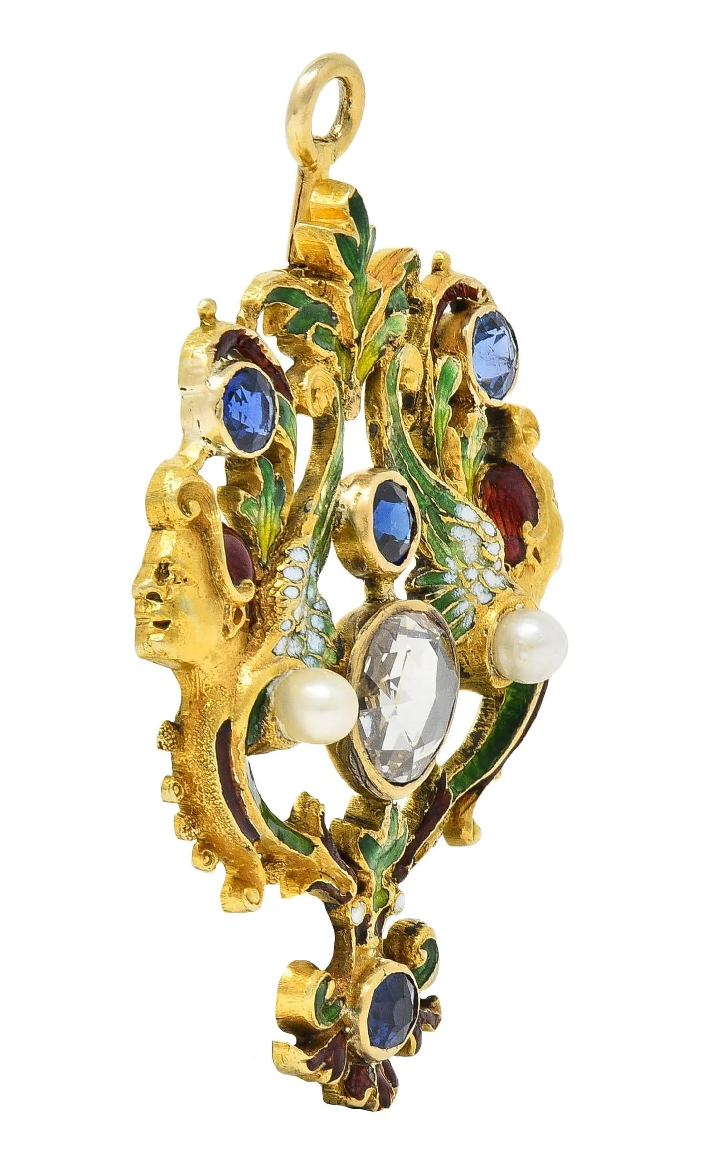 Victorian Renaissance Revival 3.30 CTW Sapphire Diamond Enamel 14 Karat Gold Antique Harpy Pendant