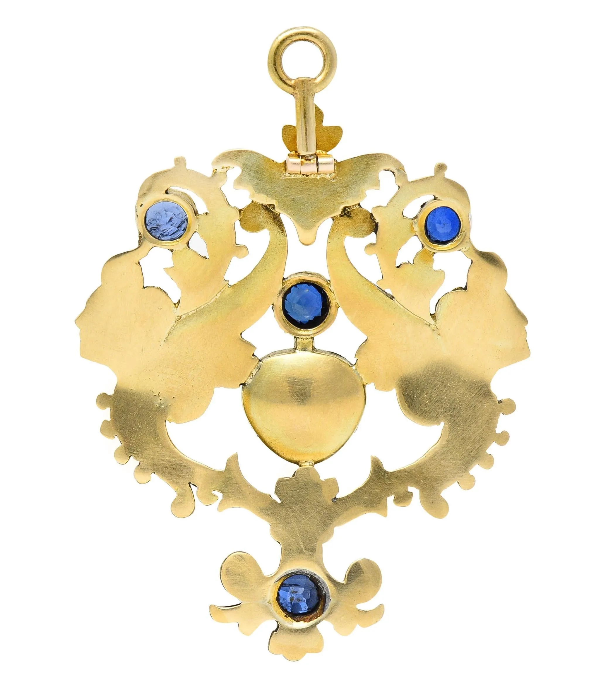 Victorian Renaissance Revival 3.30 CTW Sapphire Diamond Enamel 14 Karat Gold Antique Harpy Pendant