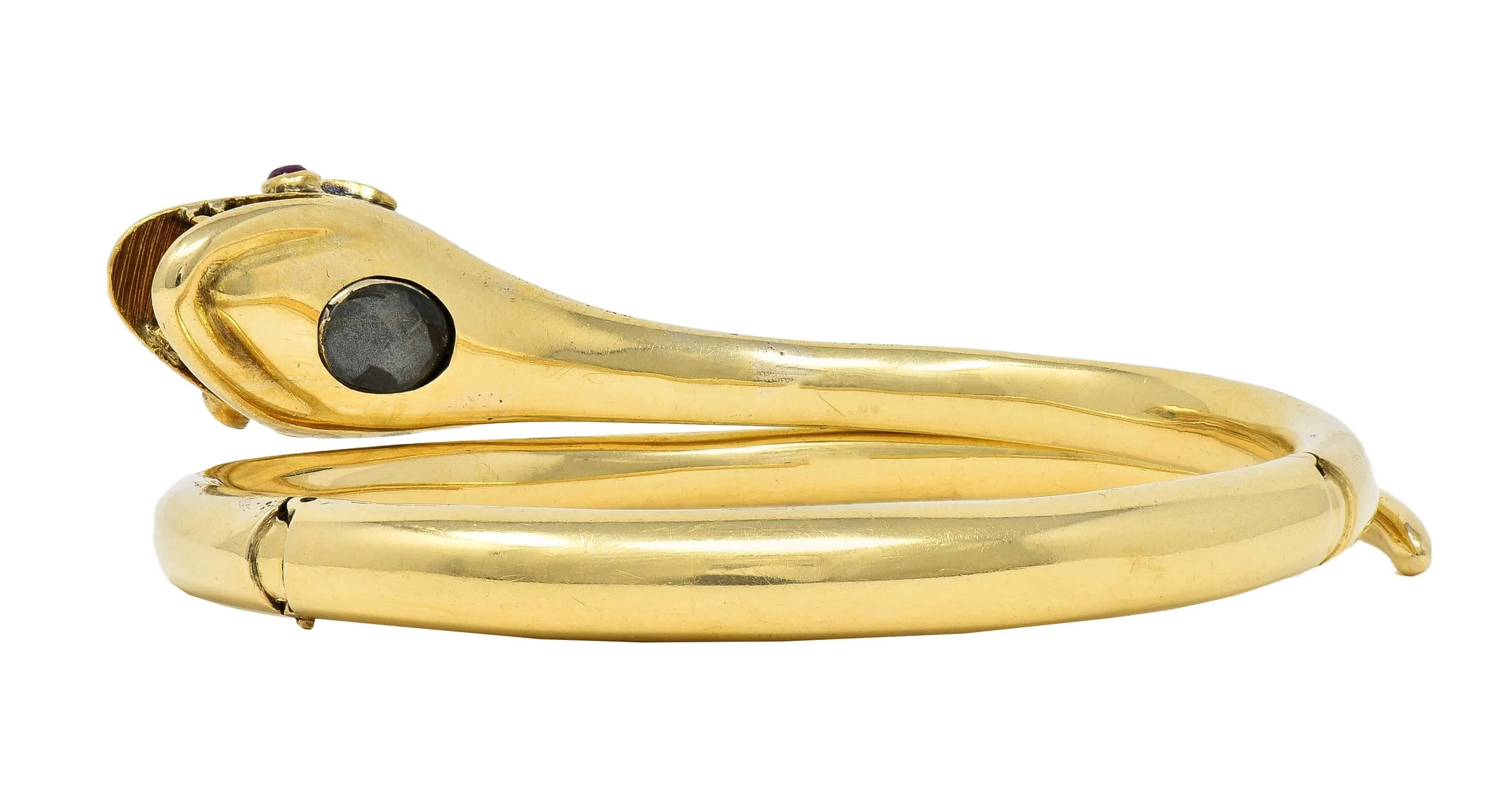 Victorian Ruby Garnet Turquoise 14 Karat Yellow Gold Antique Mourning Snake Wrap Bangle Bracelet