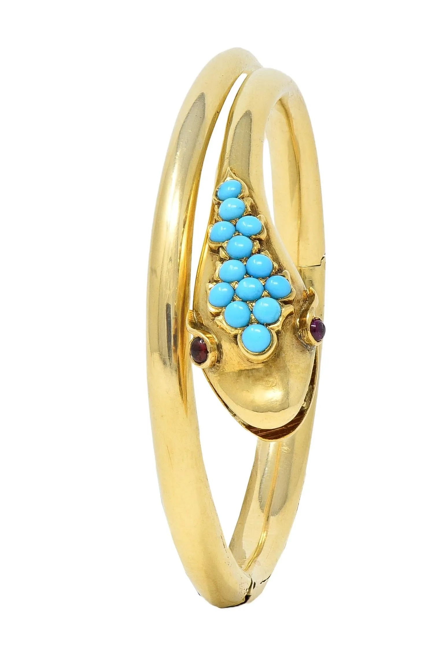 Victorian Ruby Garnet Turquoise 14 Karat Yellow Gold Antique Mourning Snake Wrap Bangle Bracelet