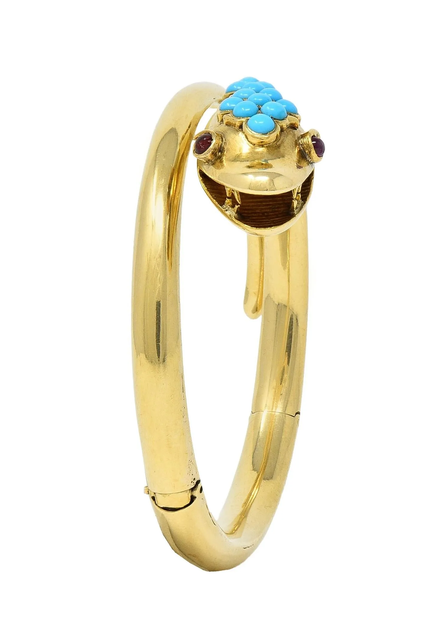 Victorian Ruby Garnet Turquoise 14 Karat Yellow Gold Antique Mourning Snake Wrap Bangle Bracelet