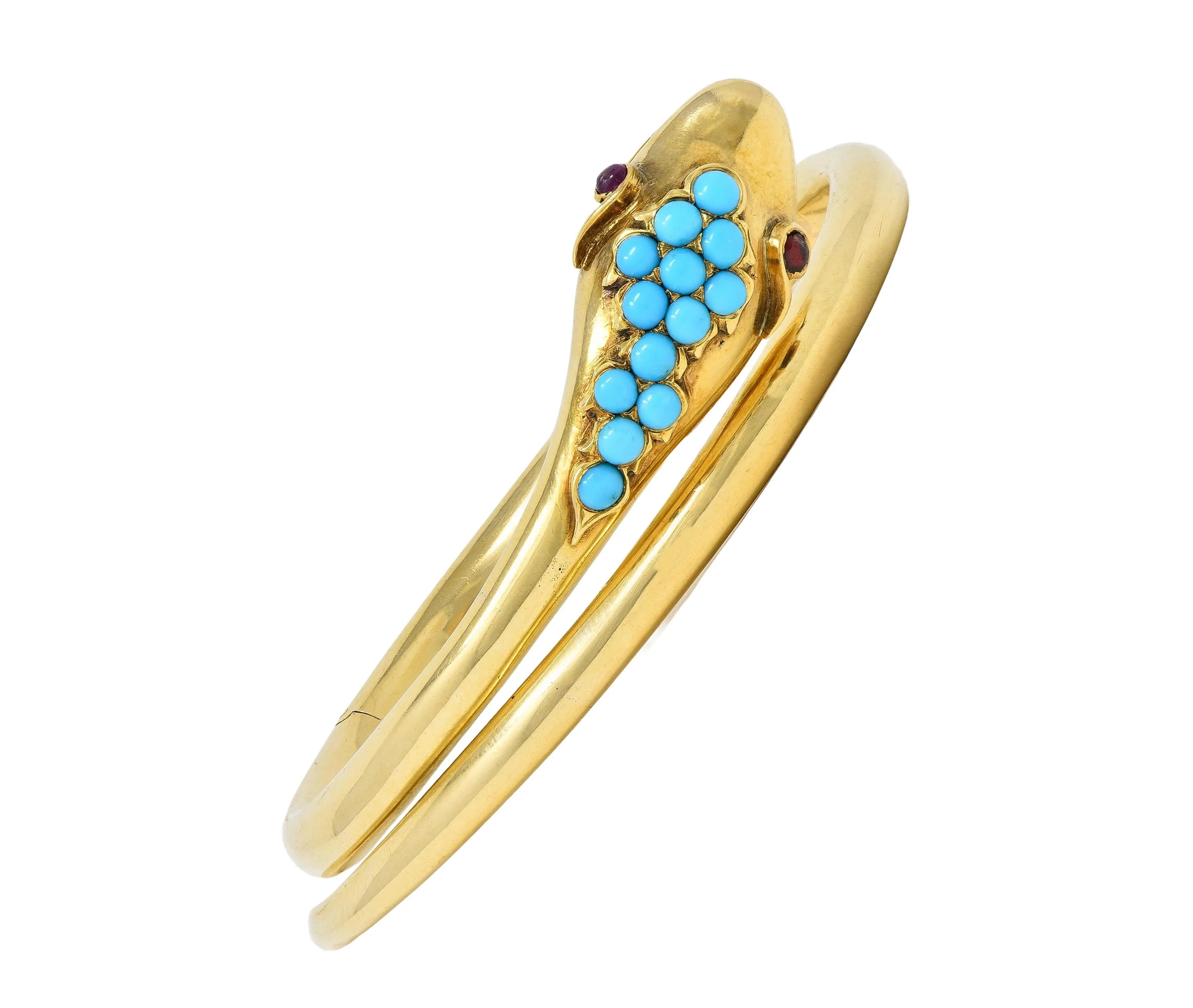 Victorian Ruby Garnet Turquoise 14 Karat Yellow Gold Antique Mourning Snake Wrap Bangle Bracelet