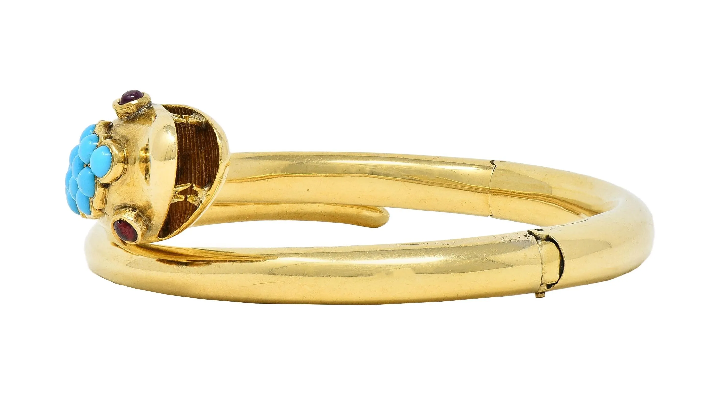 Victorian Ruby Garnet Turquoise 14 Karat Yellow Gold Antique Mourning Snake Wrap Bangle Bracelet
