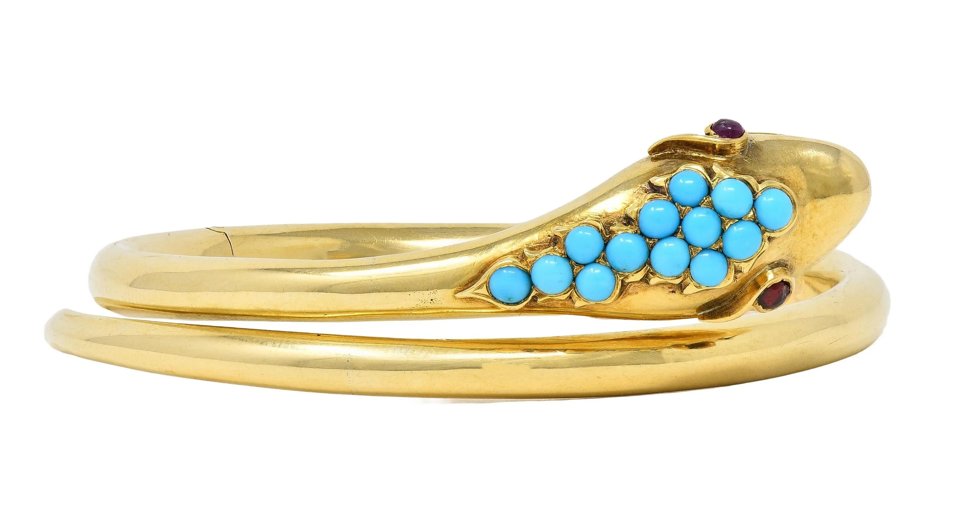 Victorian Ruby Garnet Turquoise 14 Karat Yellow Gold Antique Mourning Snake Wrap Bangle Bracelet