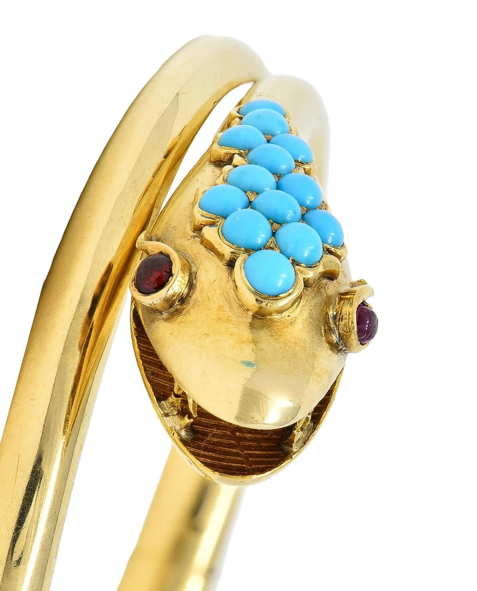 Victorian Ruby Garnet Turquoise 14 Karat Yellow Gold Antique Mourning Snake Wrap Bangle Bracelet