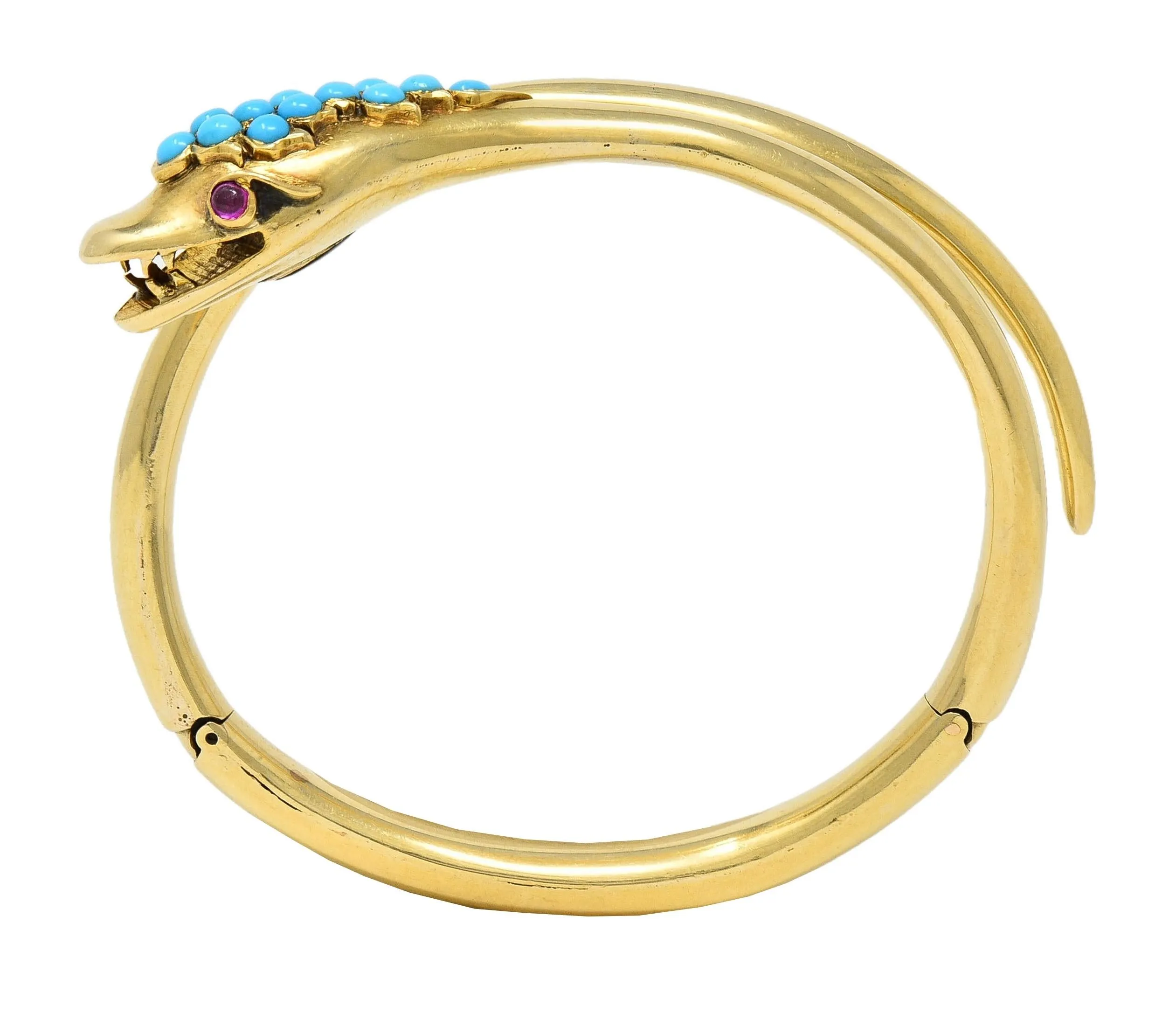 Victorian Ruby Garnet Turquoise 14 Karat Yellow Gold Antique Mourning Snake Wrap Bangle Bracelet
