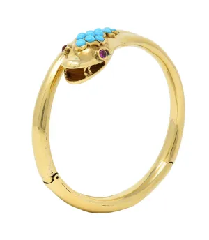 Victorian Ruby Garnet Turquoise 14 Karat Yellow Gold Antique Mourning Snake Wrap Bangle Bracelet