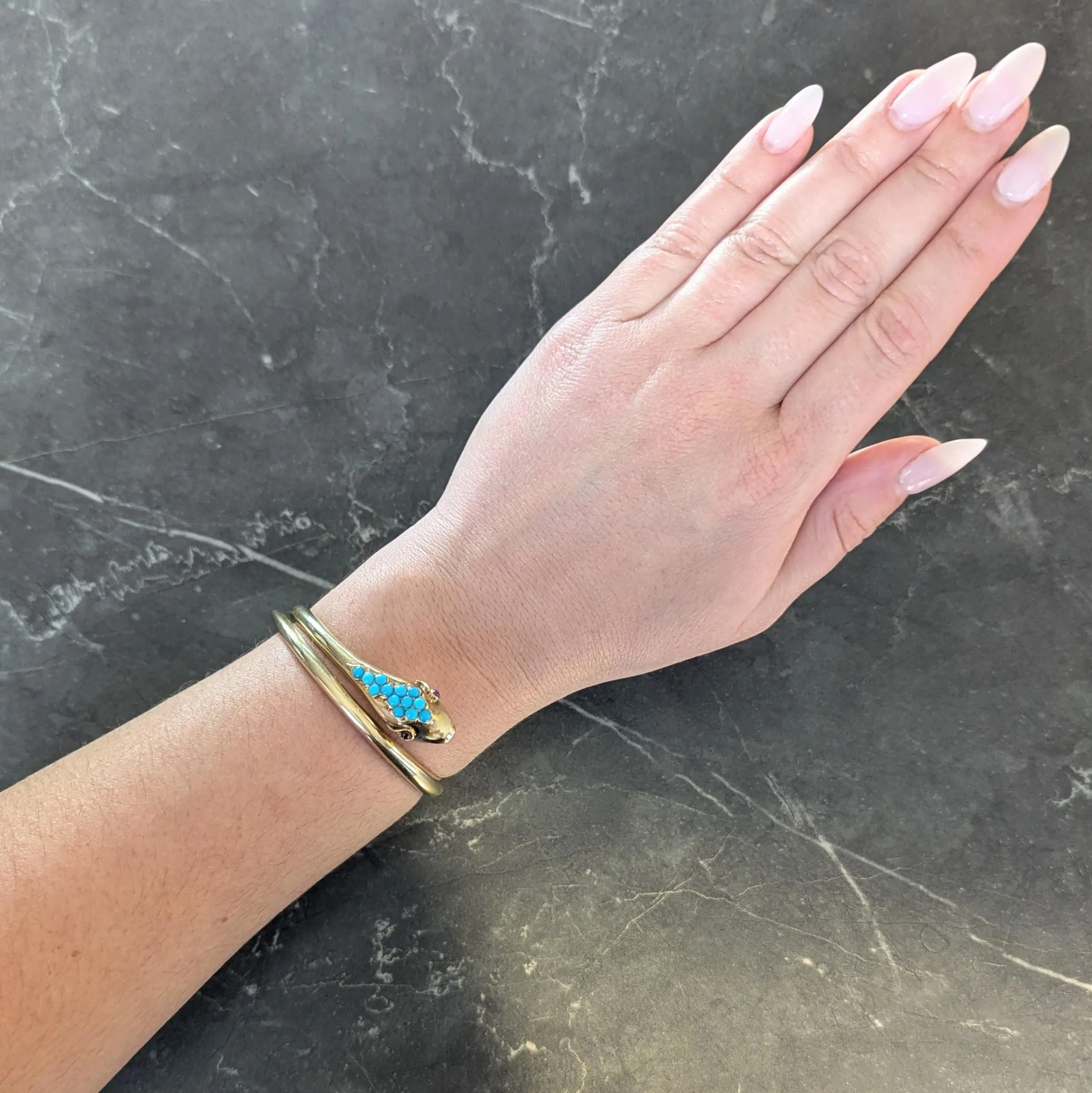 Victorian Ruby Garnet Turquoise 14 Karat Yellow Gold Antique Mourning Snake Wrap Bangle Bracelet