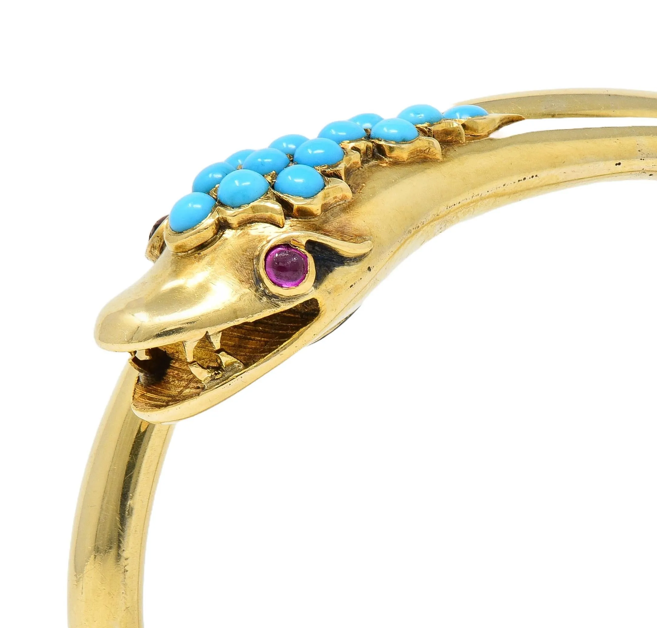 Victorian Ruby Garnet Turquoise 14 Karat Yellow Gold Antique Mourning Snake Wrap Bangle Bracelet