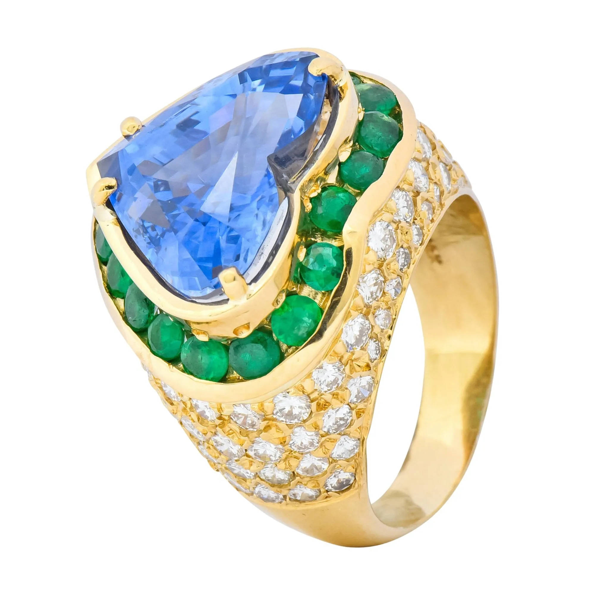 Vintage 14.09 CTW Sapphire Diamond Emerald 18 Karat Gold Heart Cocktail Ring
