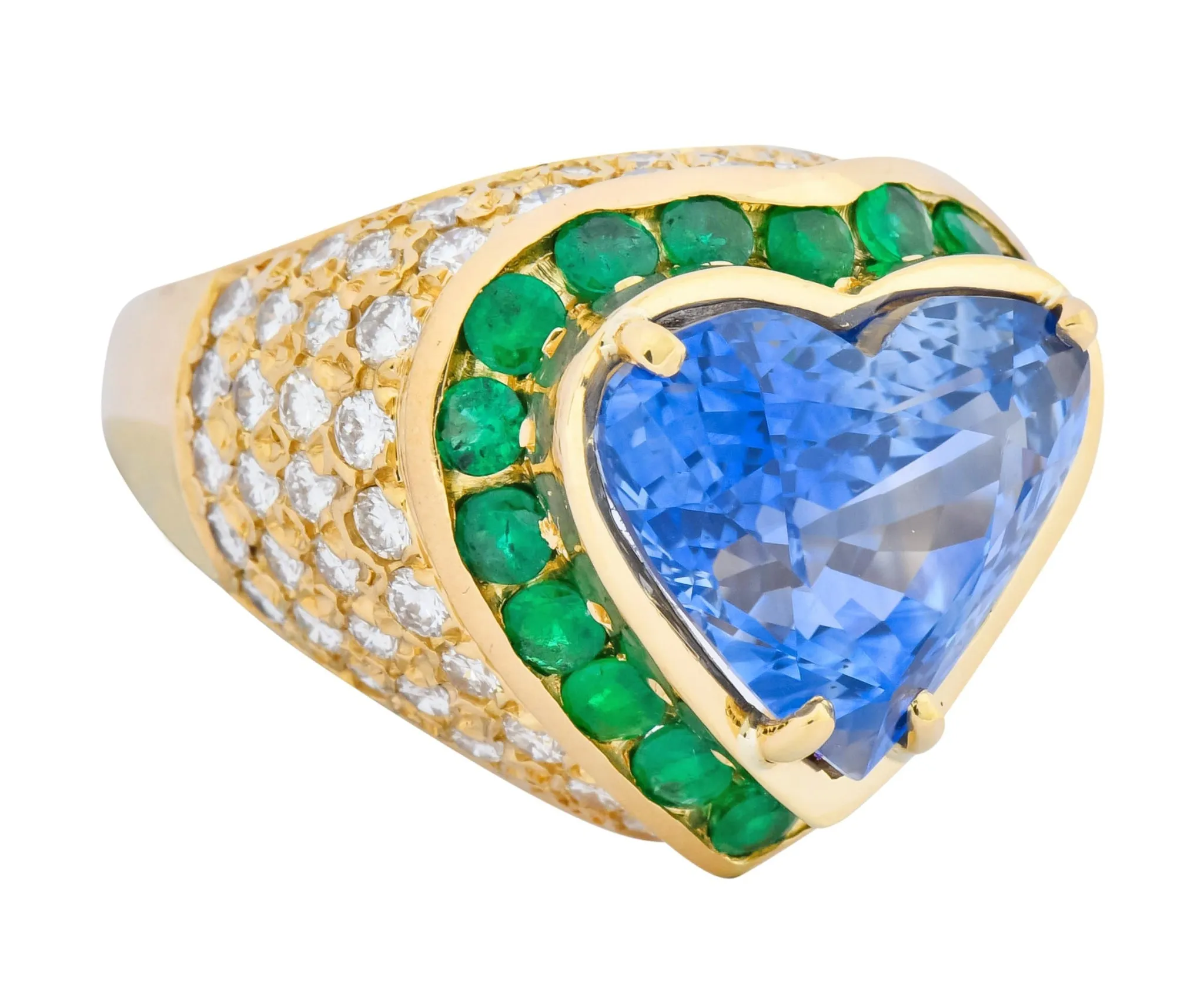 Vintage 14.09 CTW Sapphire Diamond Emerald 18 Karat Gold Heart Cocktail Ring