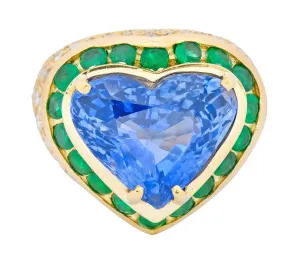 Vintage 14.09 CTW Sapphire Diamond Emerald 18 Karat Gold Heart Cocktail Ring