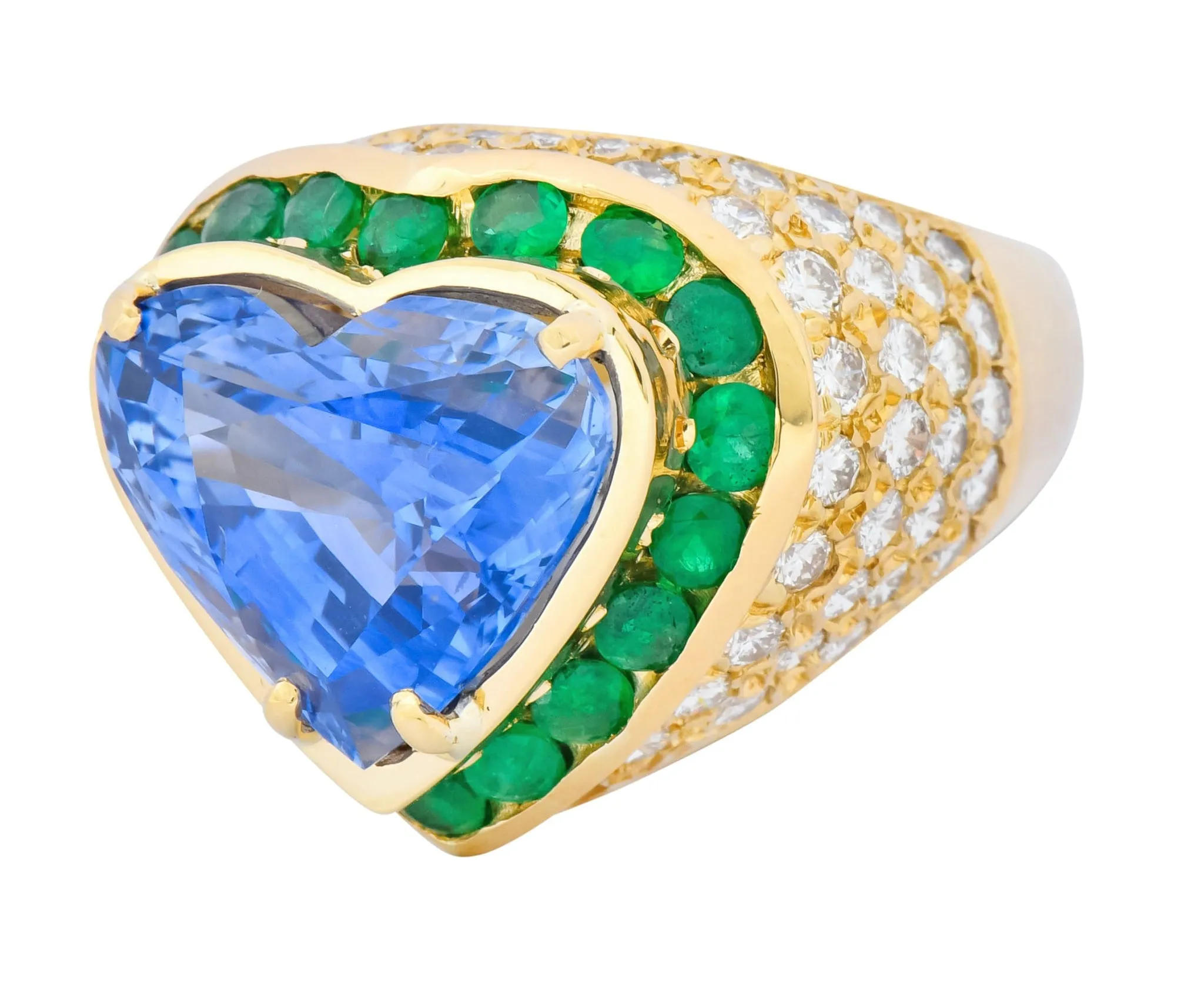 Vintage 14.09 CTW Sapphire Diamond Emerald 18 Karat Gold Heart Cocktail Ring