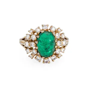 Vintage Cabochon Emerald Engagement Diamond Ring Sz 5.75 14k Gold Gemstone