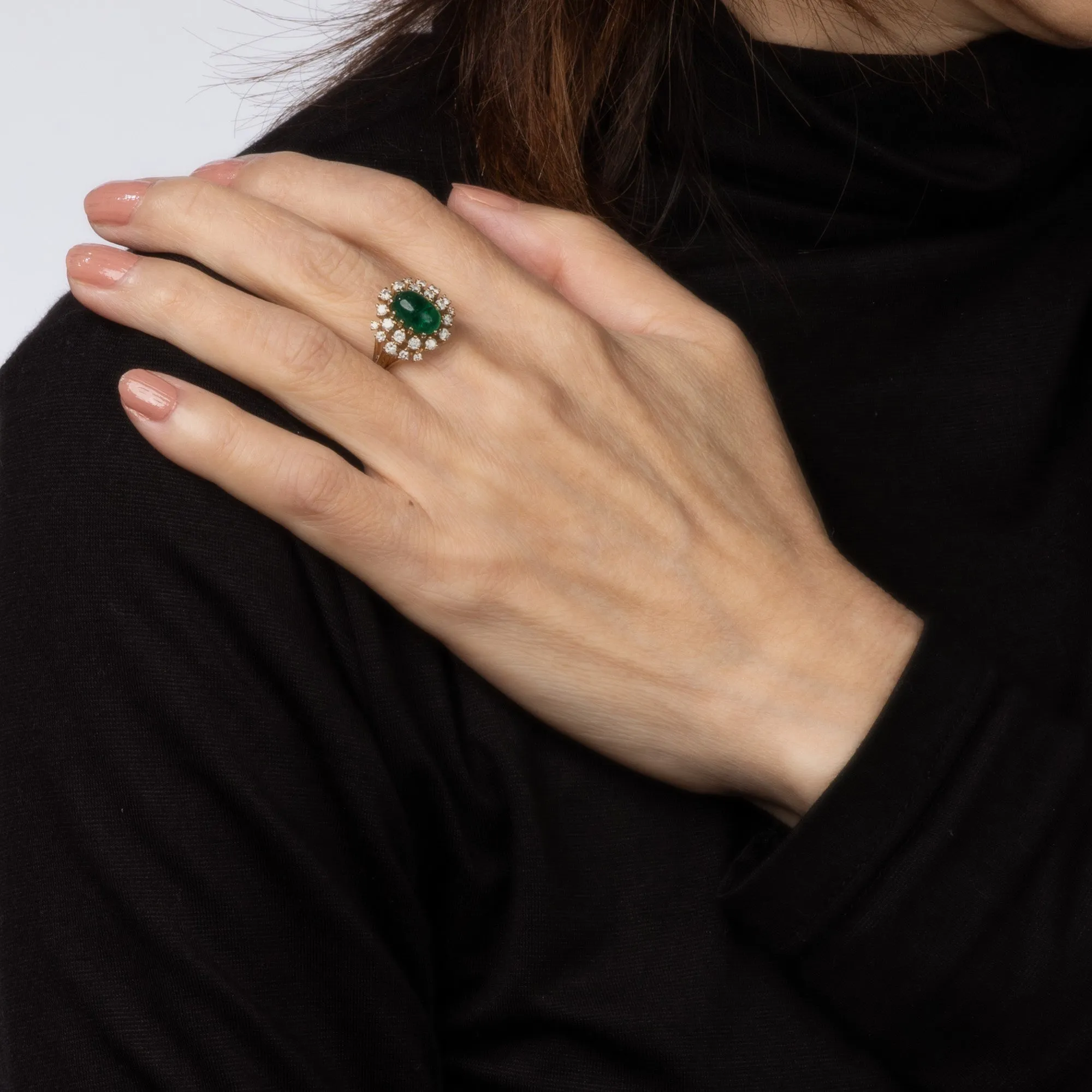 Vintage Cabochon Emerald Engagement Diamond Ring Sz 5.75 14k Gold Gemstone