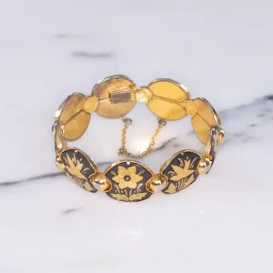 Vintage Damascene Gold and Black Round Panel Link Bracelet with Flowers and Birds