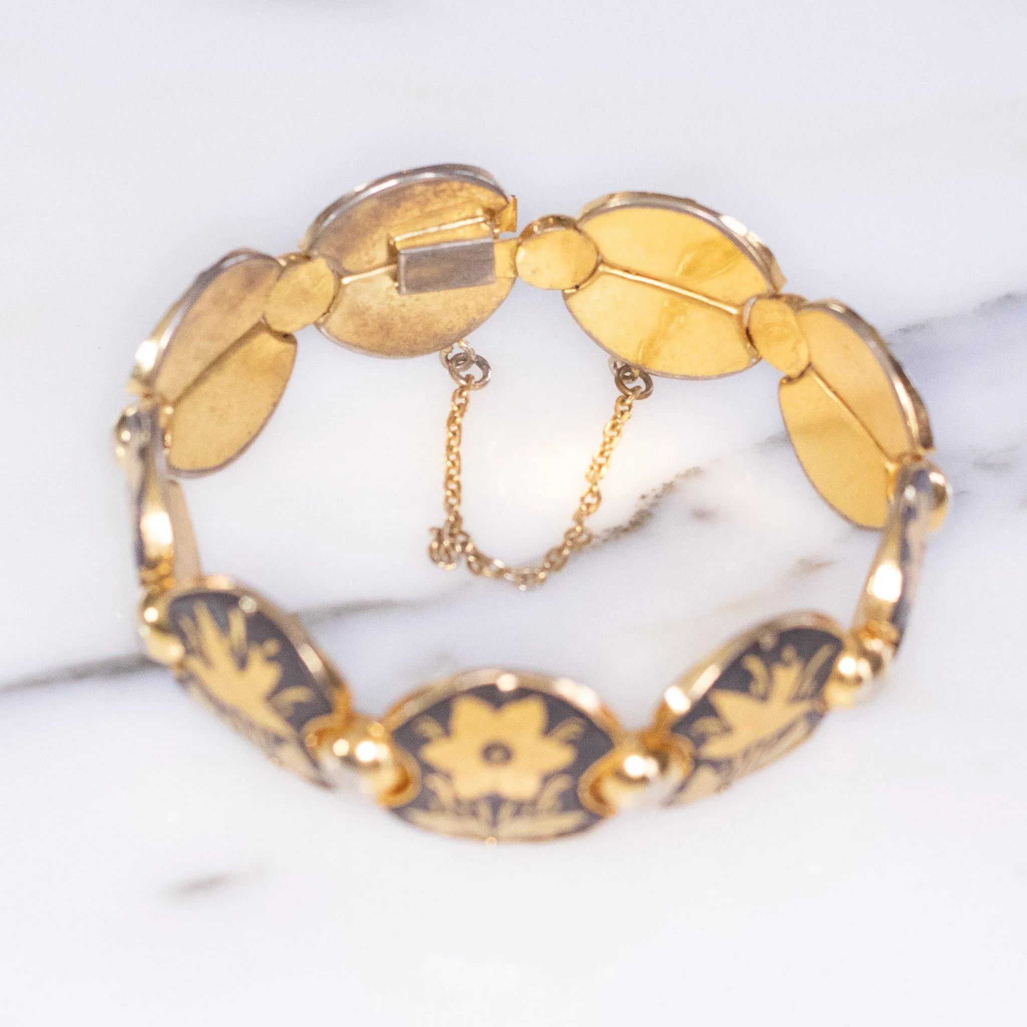Vintage Damascene Gold and Black Round Panel Link Bracelet with Flowers and Birds