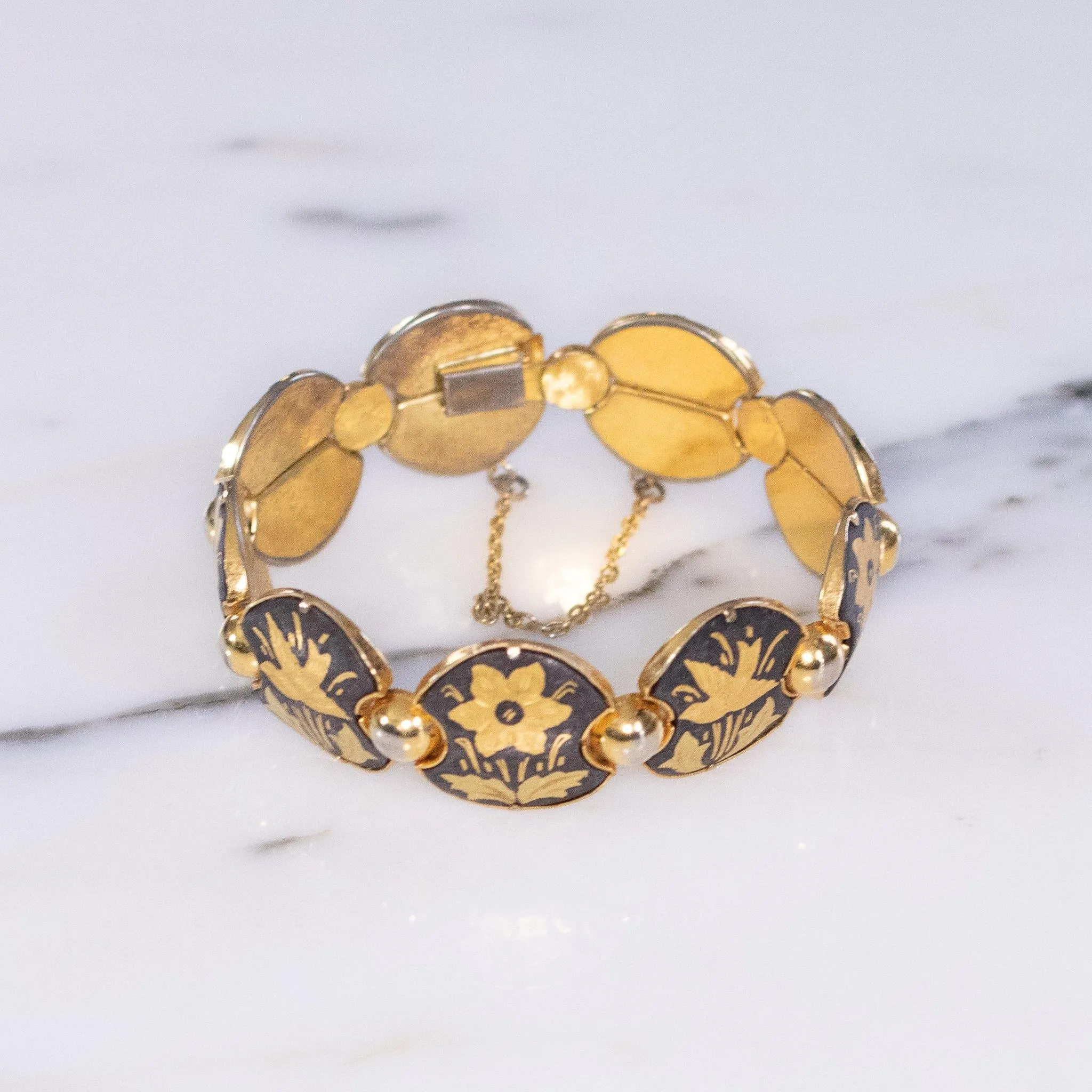 Vintage Damascene Gold and Black Round Panel Link Bracelet with Flowers and Birds