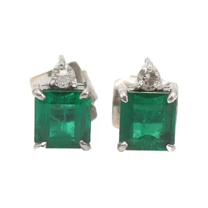 Vintage Diamond and Emerald Cut Emerald Stud Earrings in 18K White Gold