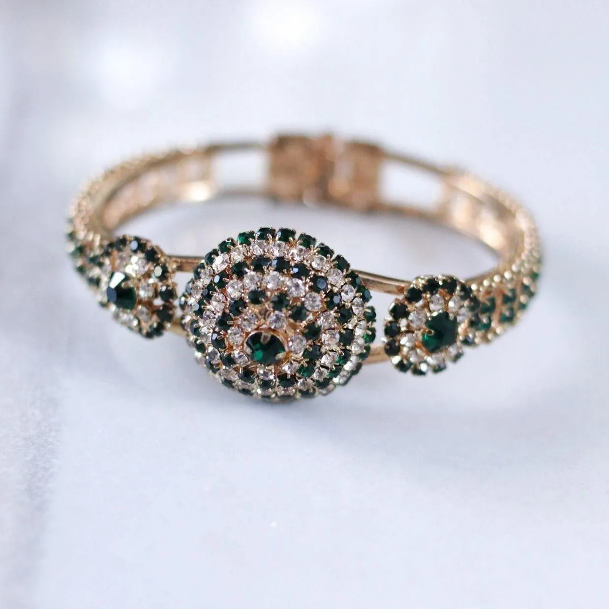 Vintage Emerald and Diamante Rhinestone Clamper Bracelet