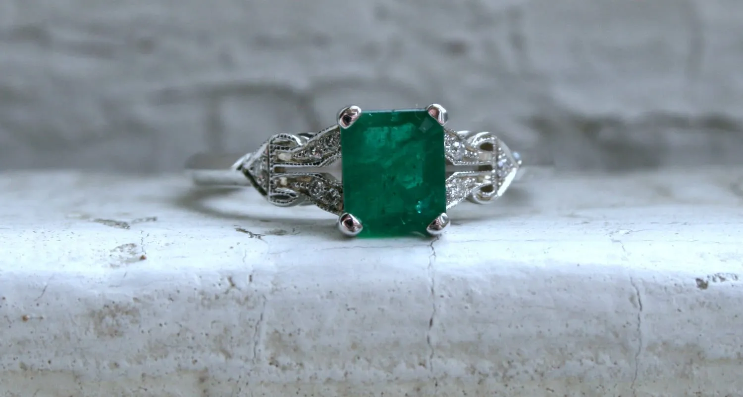 Vintage Inspired 18K White Gold Diamond and Emerald Engagement Ring Wedding Ring.