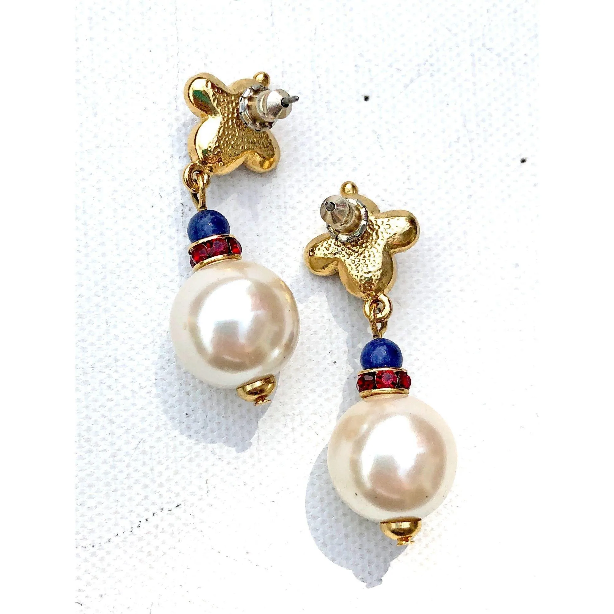 Vintage Mogul-Style Dangling Pearl Earrings with Blue Lapis and Red Crystal