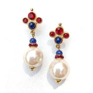 Vintage Mogul-Style Dangling Pearl Earrings with Blue Lapis and Red Crystal