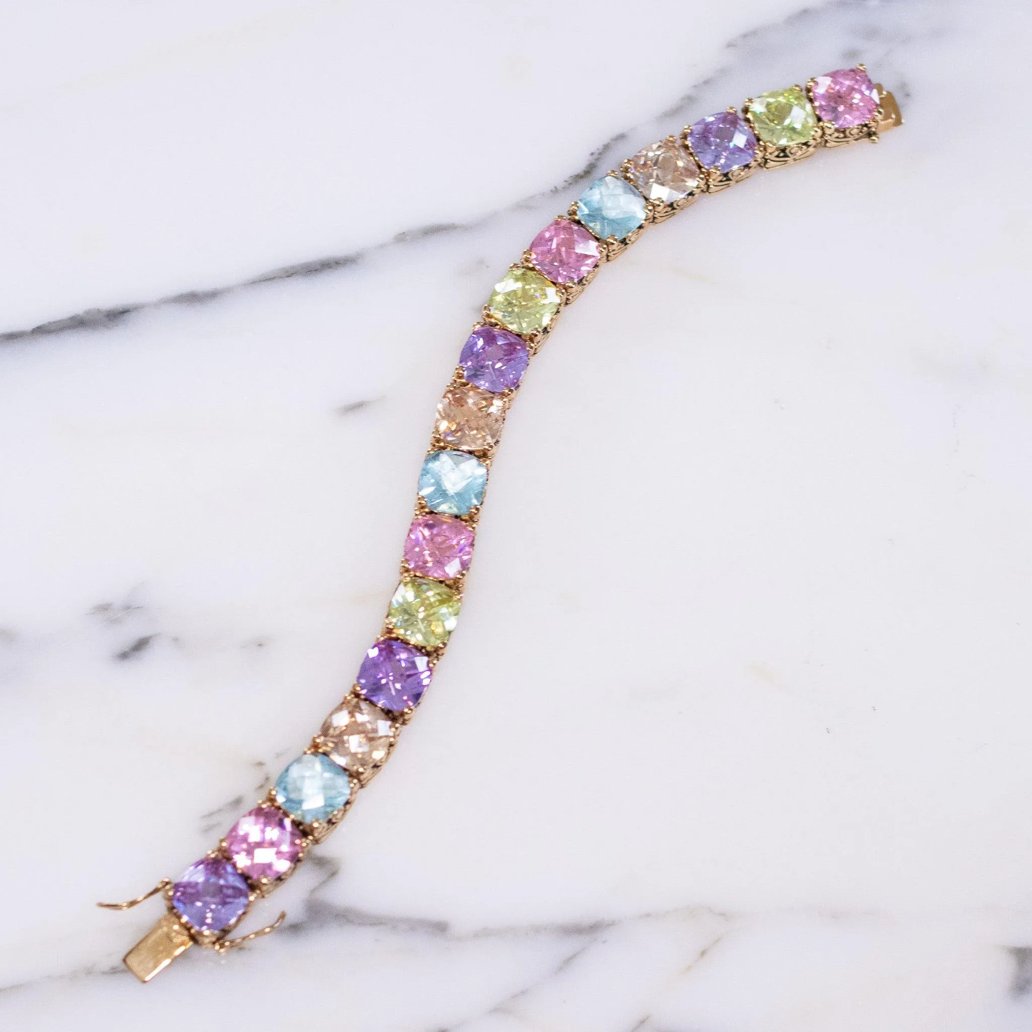 Vintage Seta Pastel Cushion Cut CZ Wide Tennis Style Line Bracelet in Purple, Pink, Light Blue and Lemon Citrine