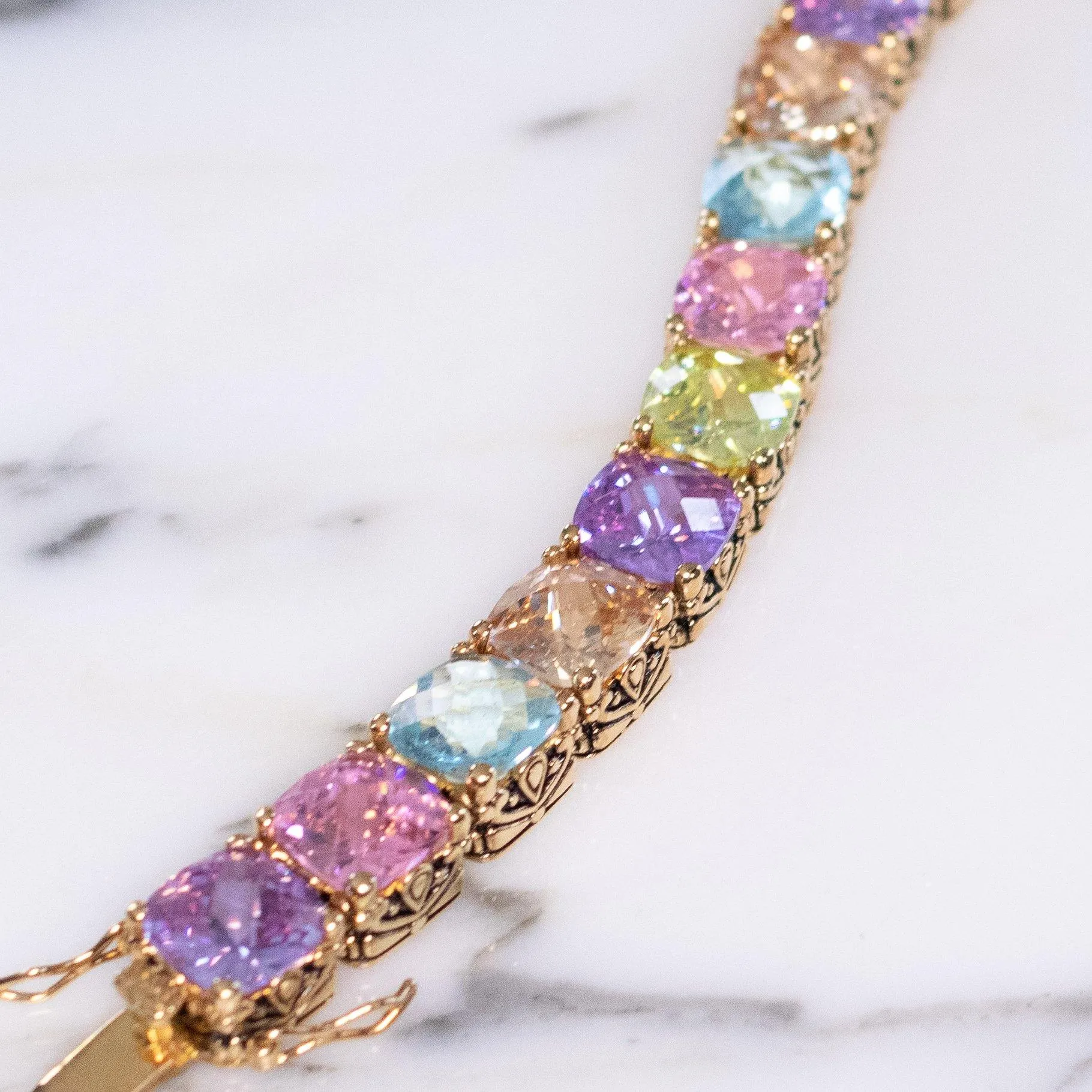 Vintage Seta Pastel Cushion Cut CZ Wide Tennis Style Line Bracelet in Purple, Pink, Light Blue and Lemon Citrine