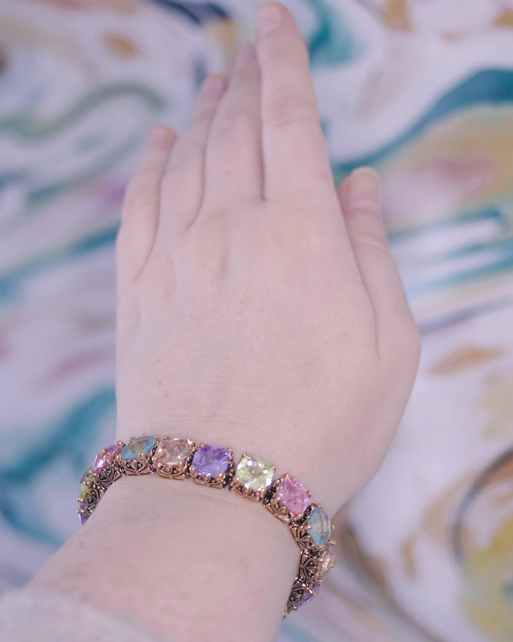 Vintage Seta Pastel Cushion Cut CZ Wide Tennis Style Line Bracelet in Purple, Pink, Light Blue and Lemon Citrine