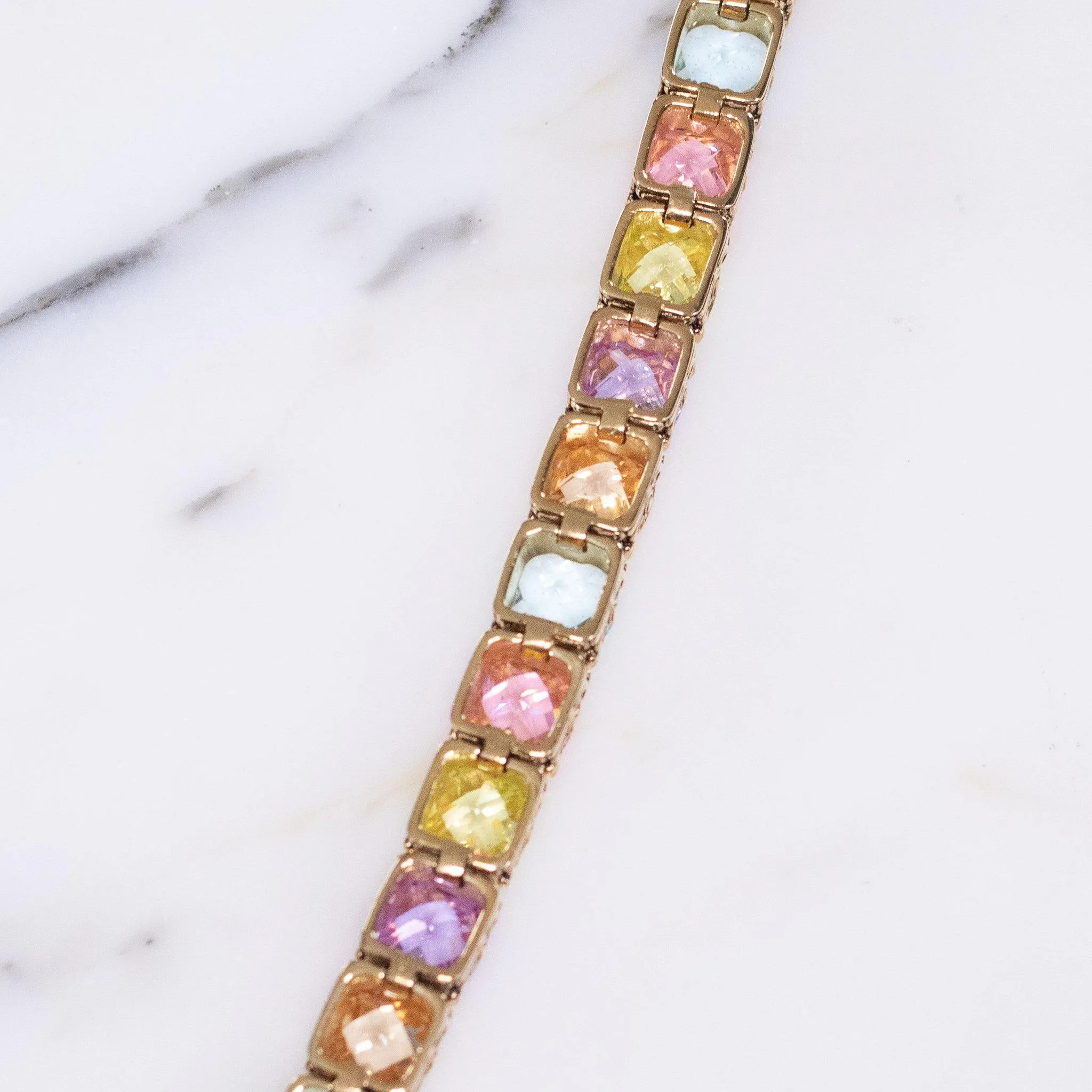 Vintage Seta Pastel Cushion Cut CZ Wide Tennis Style Line Bracelet in Purple, Pink, Light Blue and Lemon Citrine