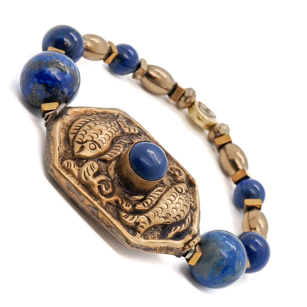 Vintage Style Nepal Fish & Lapis Bead Lapis Lazuli Beaded Bracelet