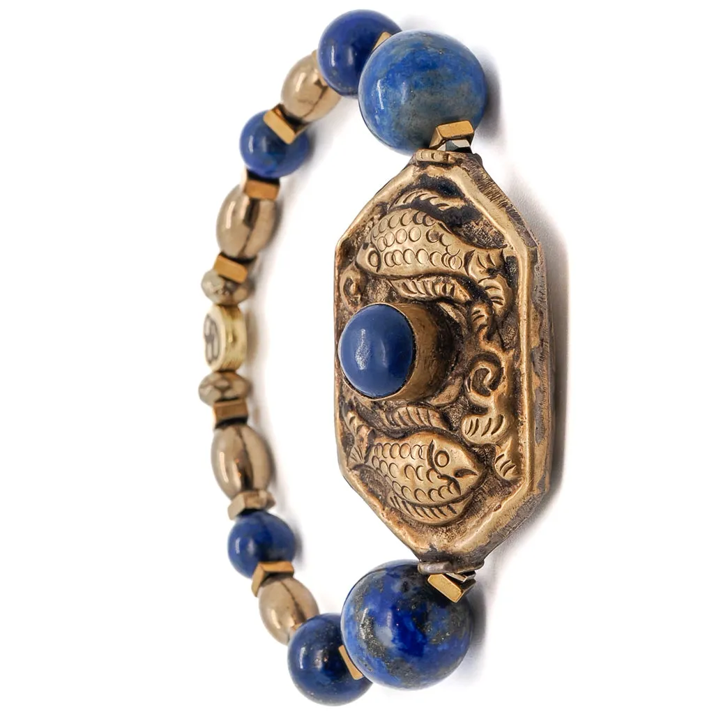 Vintage Style Nepal Fish & Lapis Bead Lapis Lazuli Beaded Bracelet