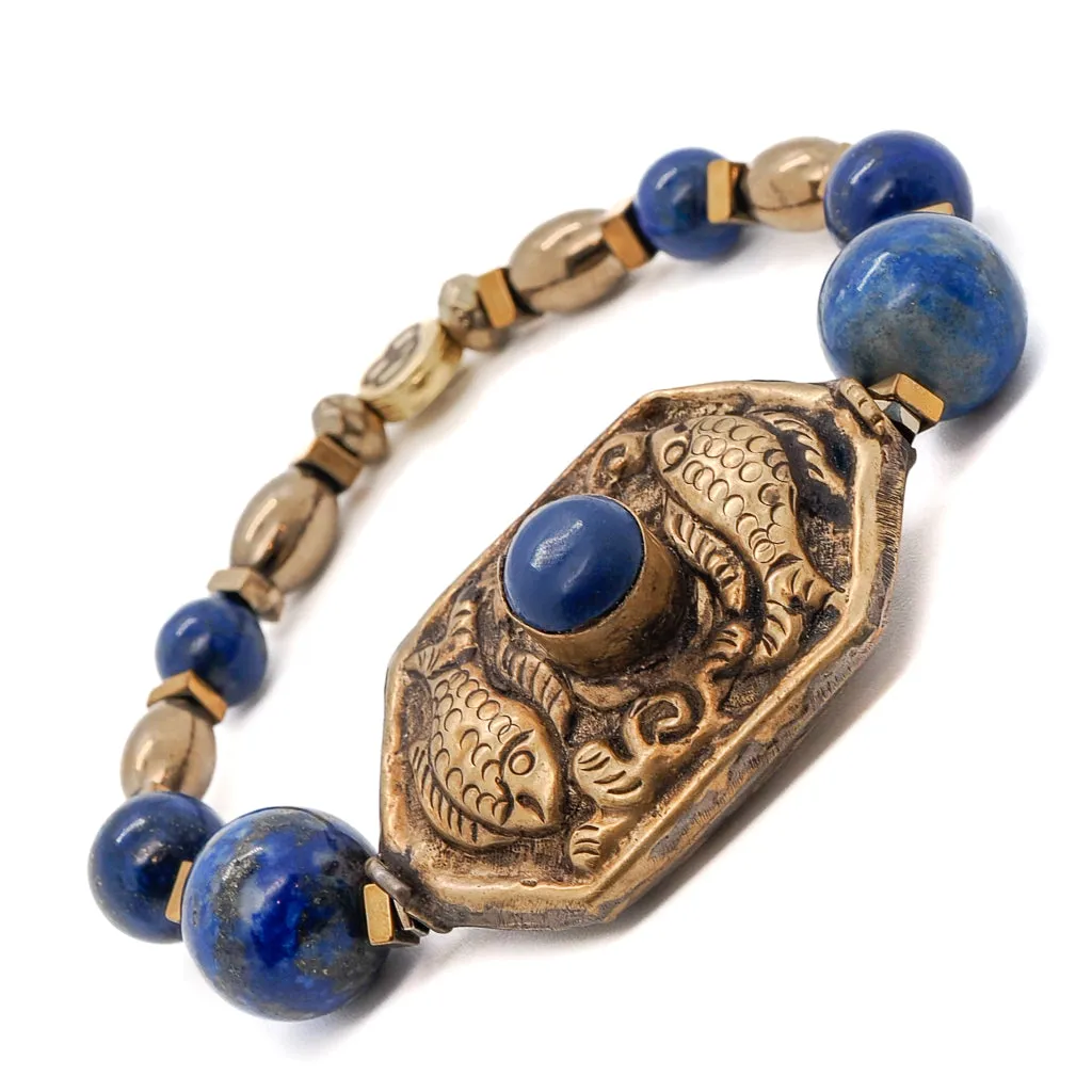 Vintage Style Nepal Fish & Lapis Bead Lapis Lazuli Beaded Bracelet