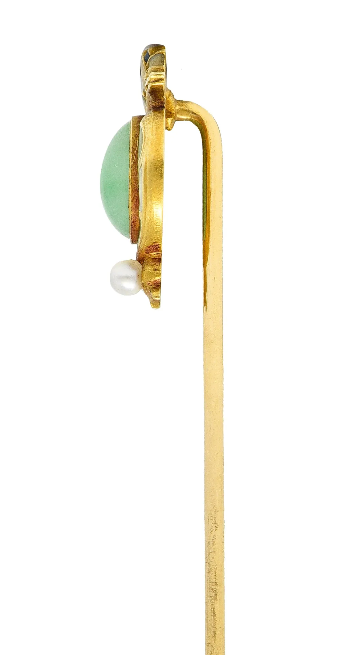 Whiteside & Blank Art Nouveau Jade Pearl Basse-Taille Enamel 14 Karat Yellow Gold Lotus Serpent Antique Stickpin