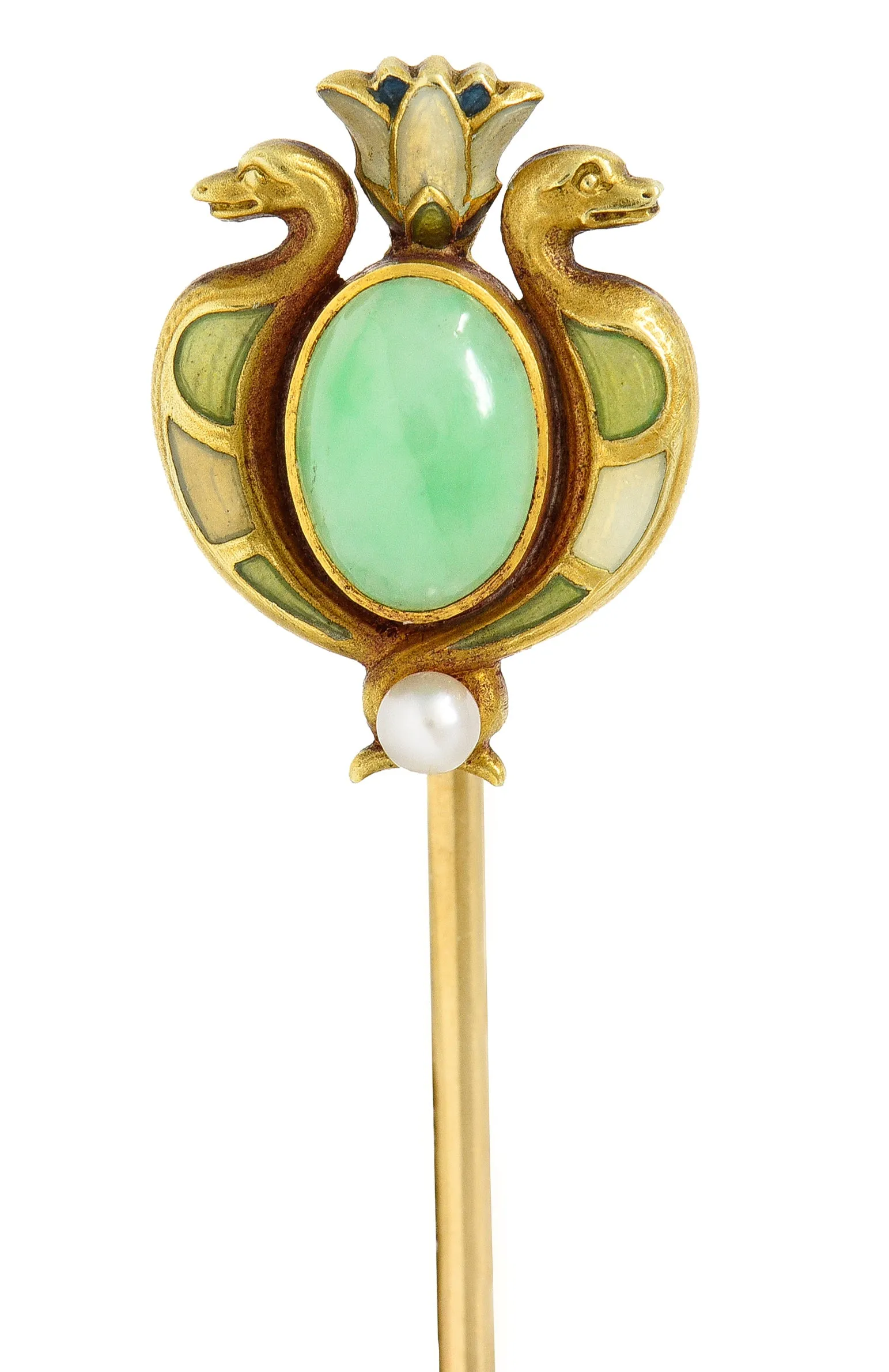 Whiteside & Blank Art Nouveau Jade Pearl Basse-Taille Enamel 14 Karat Yellow Gold Lotus Serpent Antique Stickpin