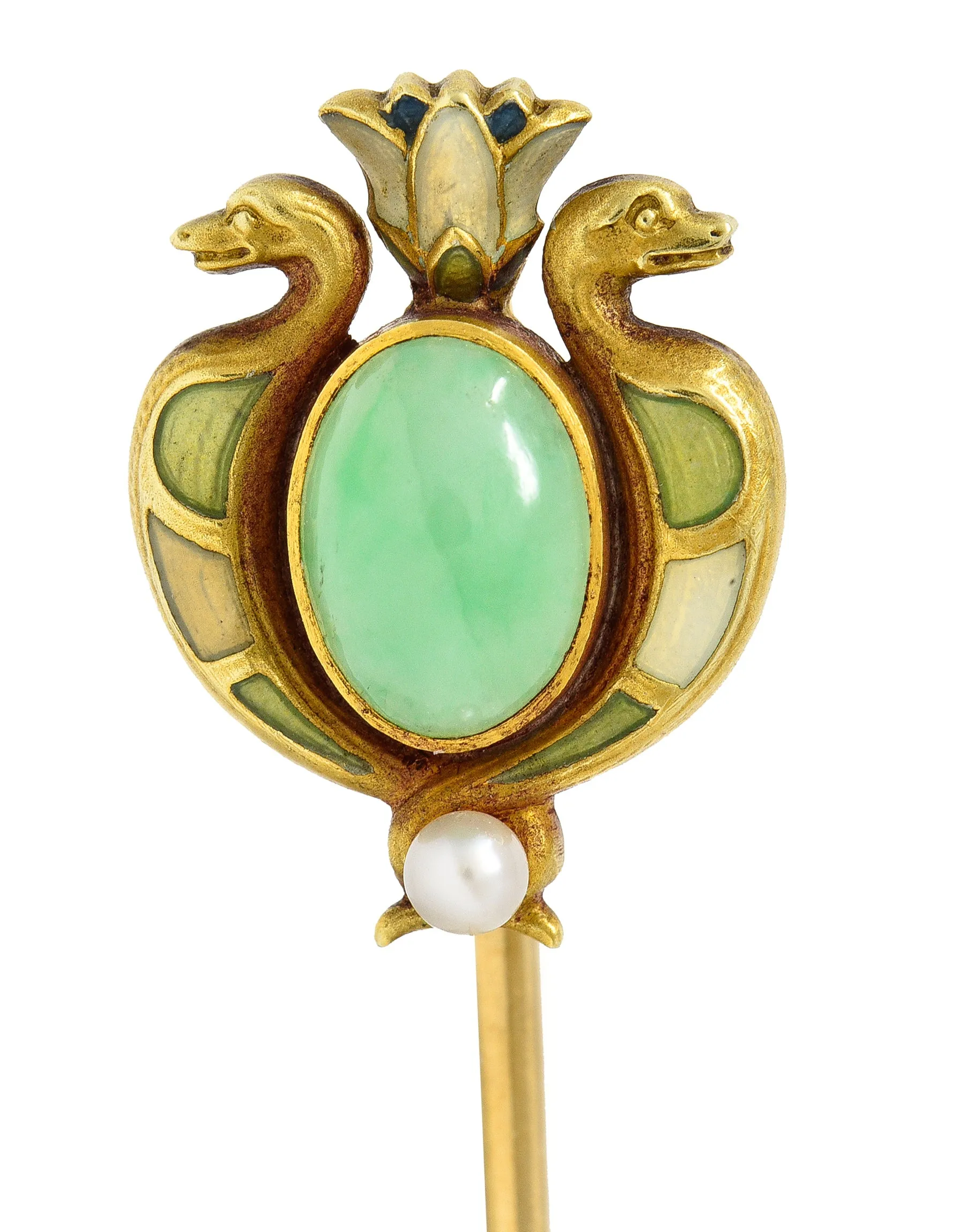 Whiteside & Blank Art Nouveau Jade Pearl Basse-Taille Enamel 14 Karat Yellow Gold Lotus Serpent Antique Stickpin