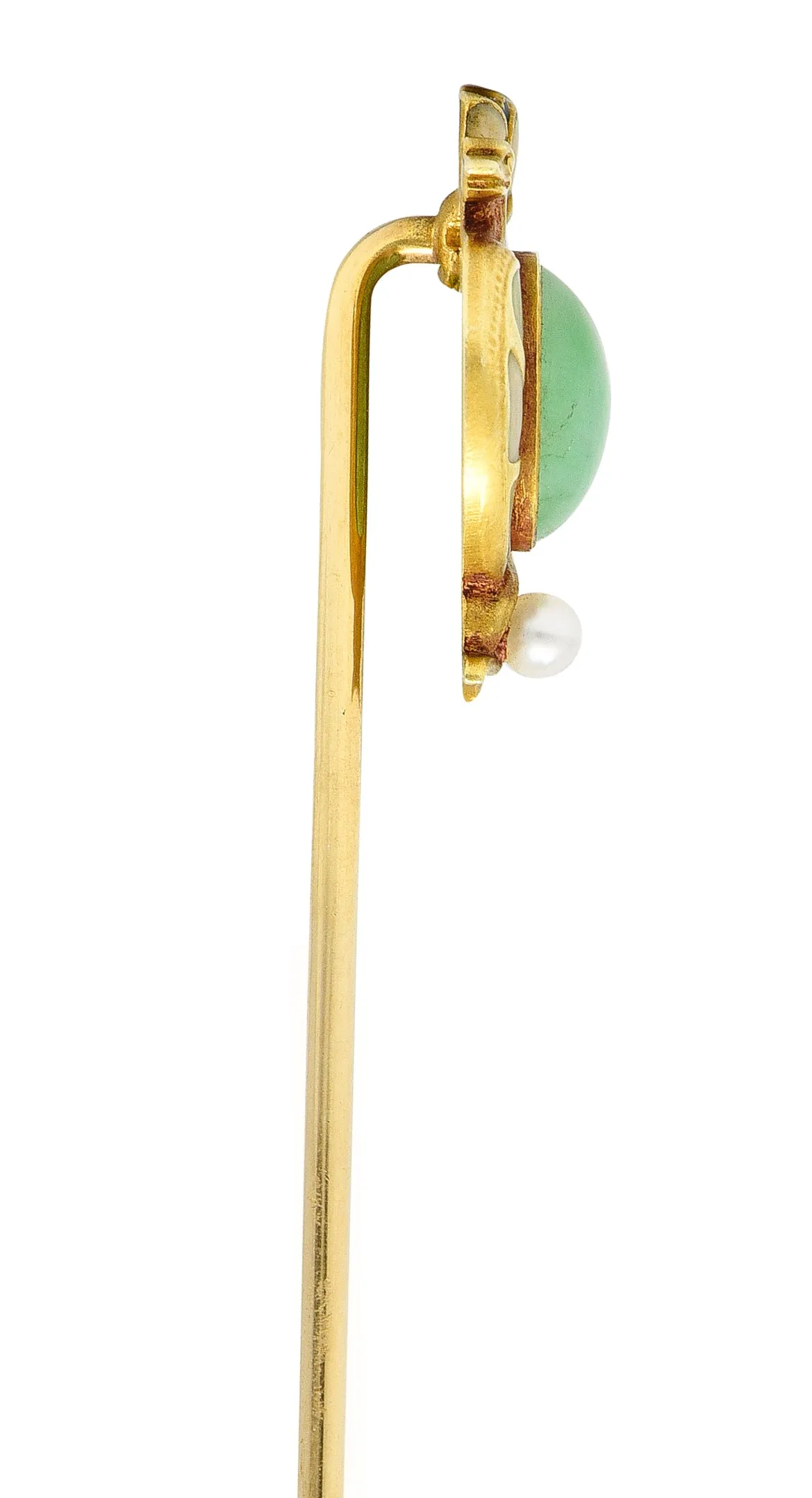 Whiteside & Blank Art Nouveau Jade Pearl Basse-Taille Enamel 14 Karat Yellow Gold Lotus Serpent Antique Stickpin