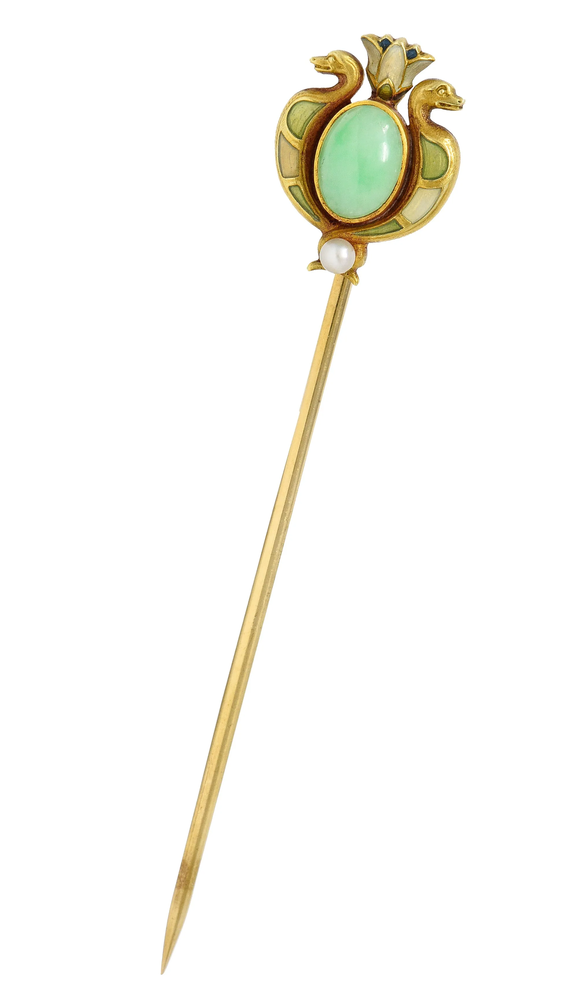 Whiteside & Blank Art Nouveau Jade Pearl Basse-Taille Enamel 14 Karat Yellow Gold Lotus Serpent Antique Stickpin