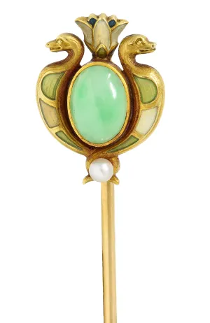 Whiteside & Blank Art Nouveau Jade Pearl Basse-Taille Enamel 14 Karat Yellow Gold Lotus Serpent Antique Stickpin