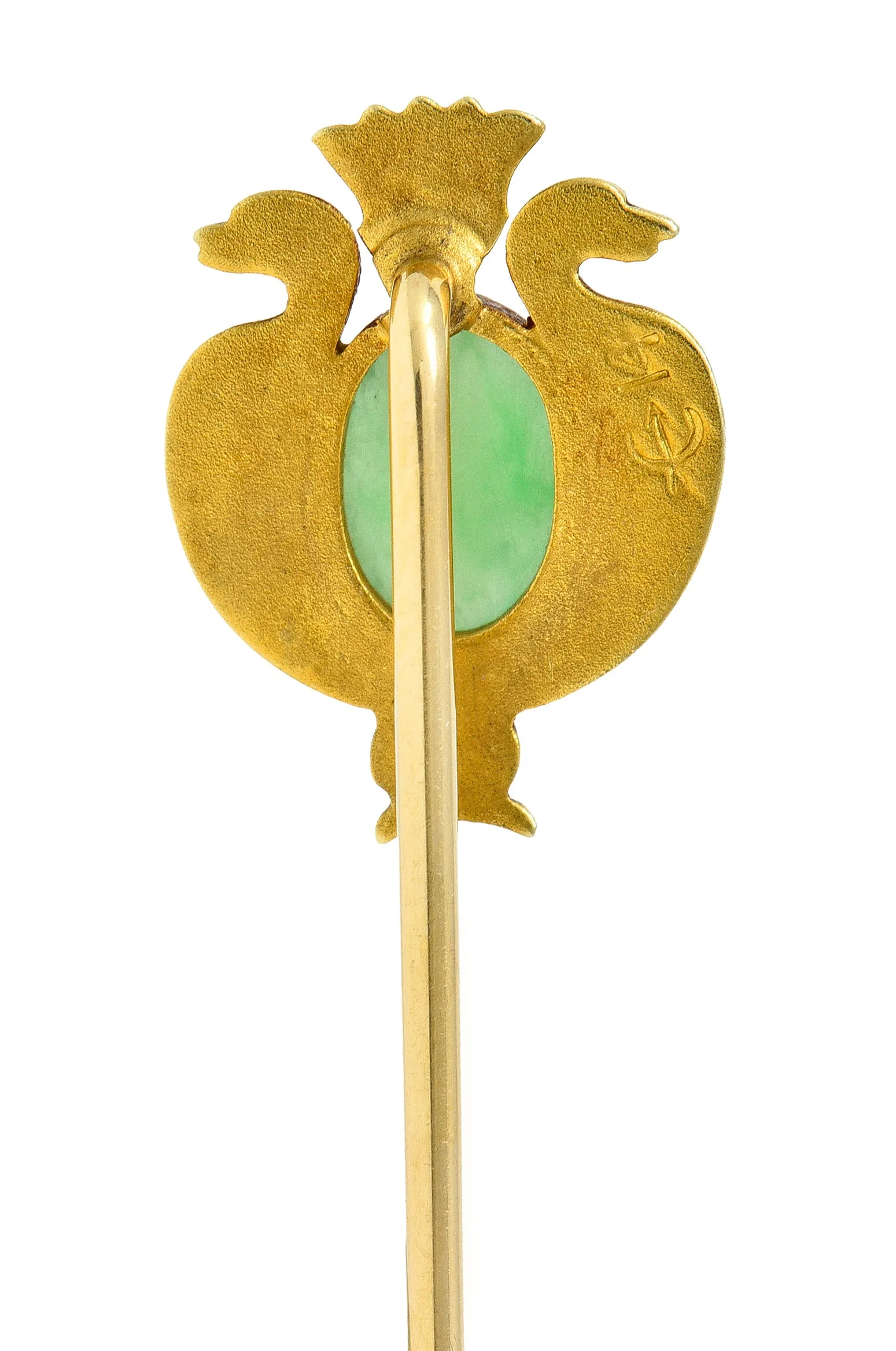 Whiteside & Blank Art Nouveau Jade Pearl Basse-Taille Enamel 14 Karat Yellow Gold Lotus Serpent Antique Stickpin