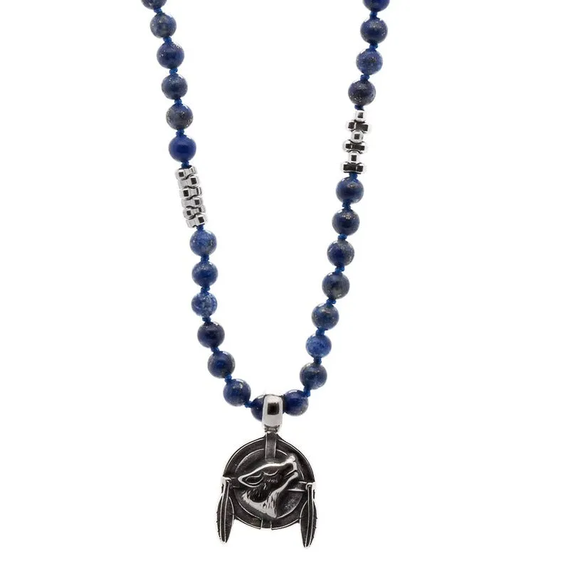 Wolf Pendant Lapis Lazuli Stone Beaded Brave Necklace