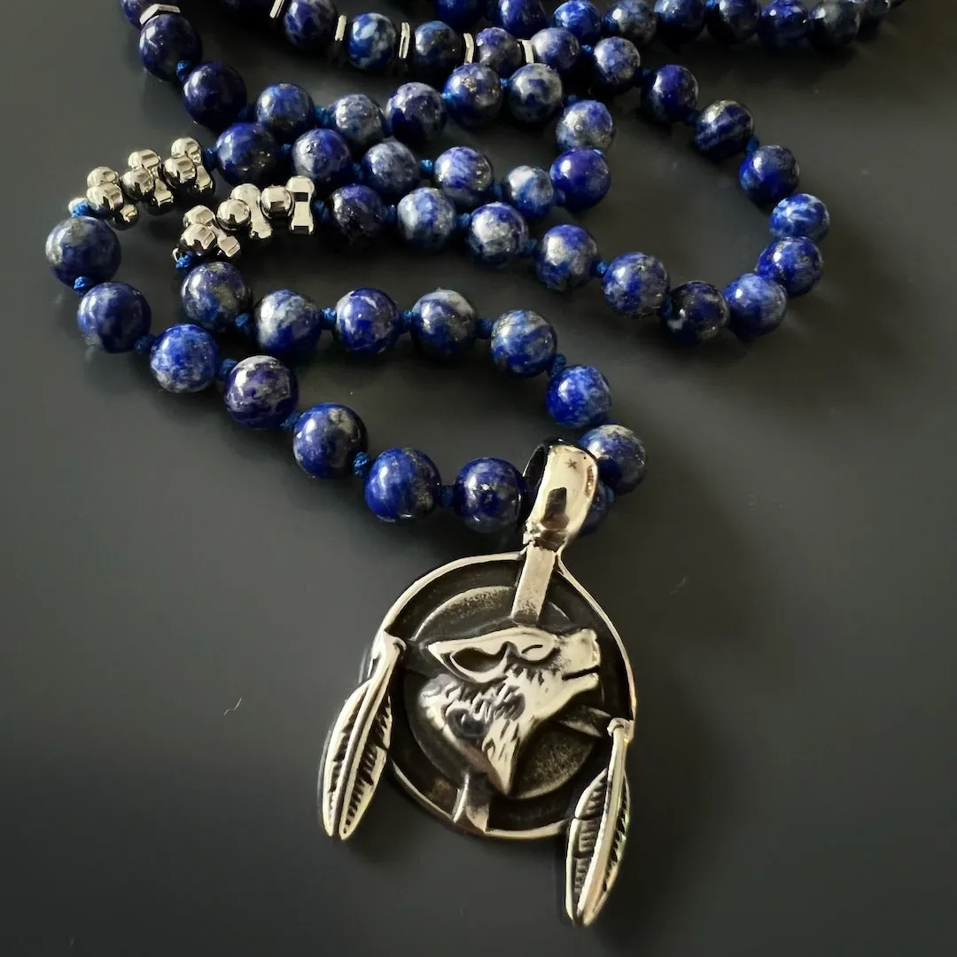 Wolf Pendant Lapis Lazuli Stone Beaded Brave Necklace