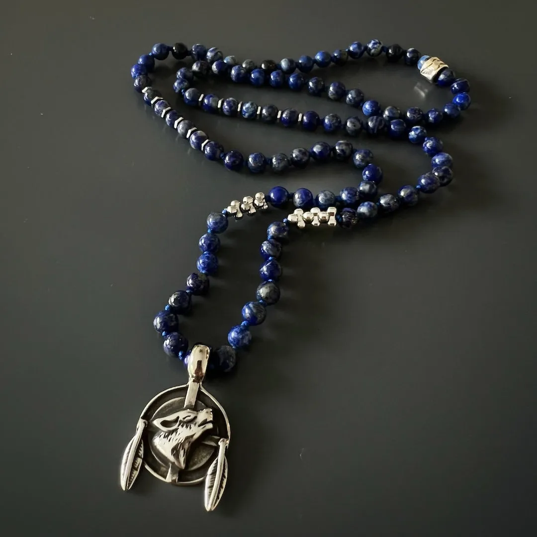 Wolf Pendant Lapis Lazuli Stone Beaded Brave Necklace